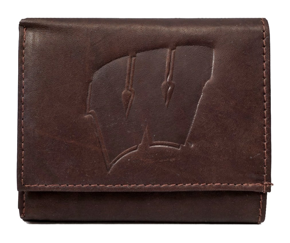 Rico Industries - Wisconsin Badgers - Distressed Look - Embossed Logo Dark Brown Leather Trifold Wallet - Multi