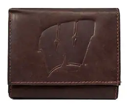 Rico Industries - Wisconsin Badgers - Distressed Look - Embossed Logo Dark Brown Leather Trifold Wallet - Multi