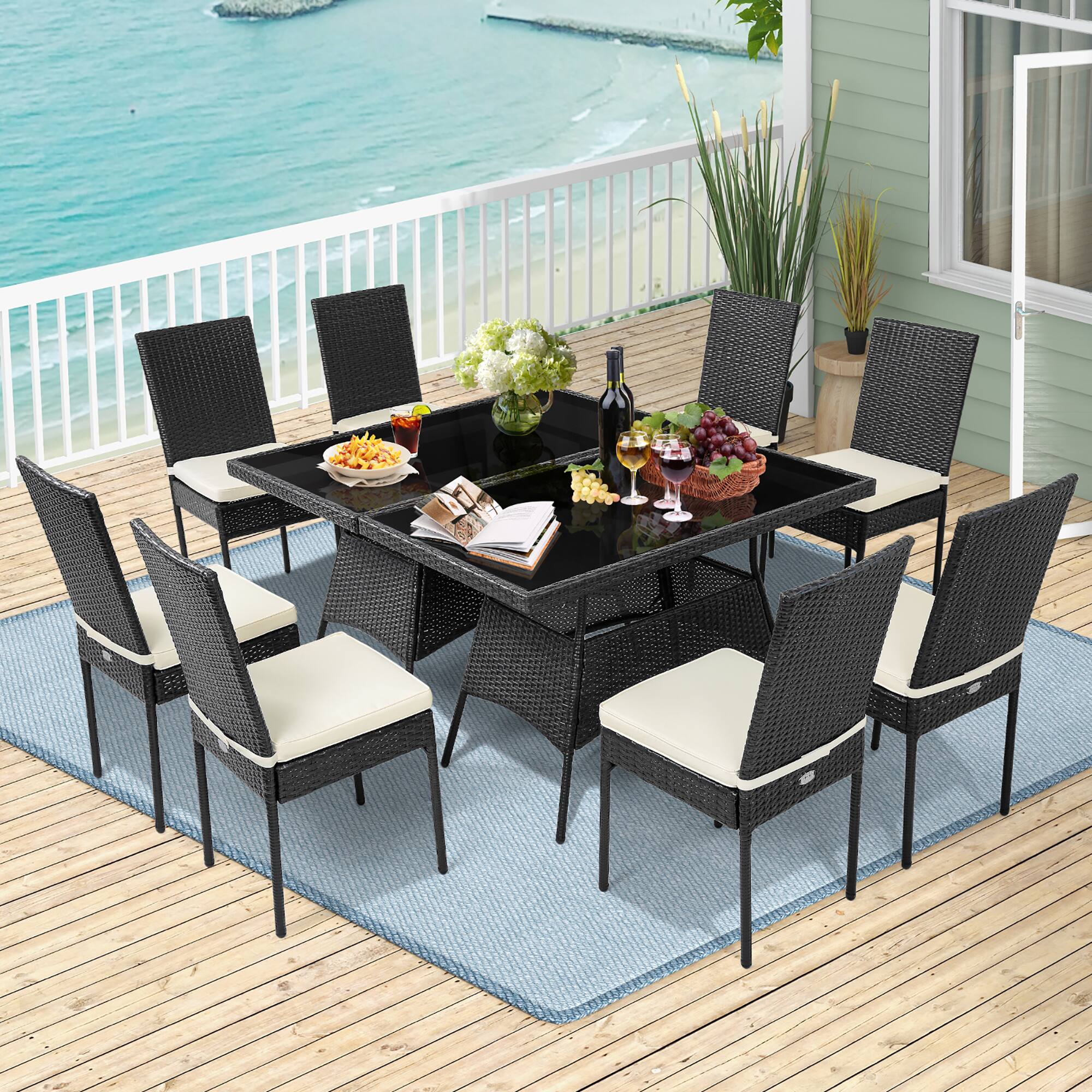 Alt View 1. Costway - Costway 10PCS Patio Rattan Dining Set Cushioned Chair Table with Glass Top Garden Furniture - Black.