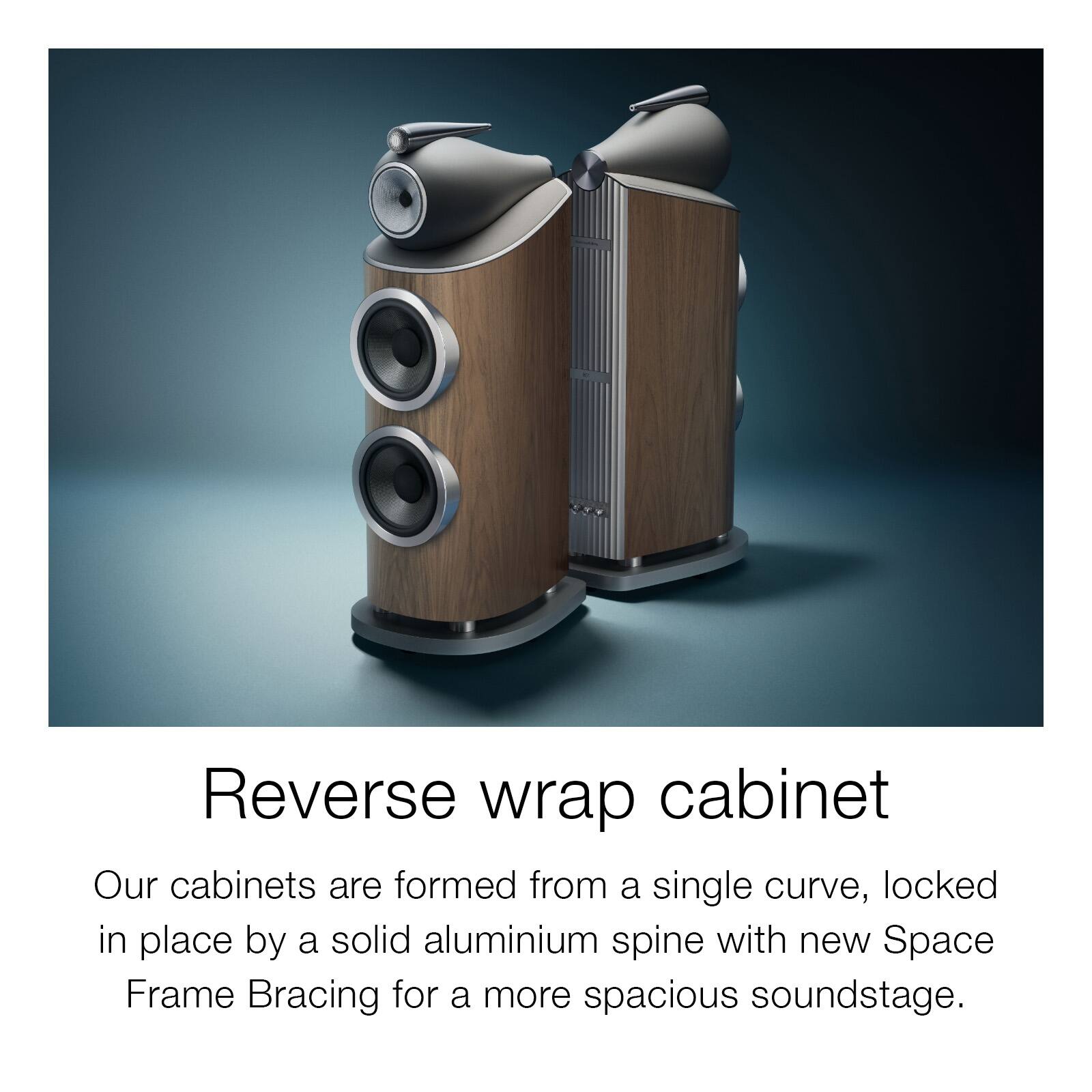 Reverse wrap cabinet

Our cabinets are formed from a single curve, locked in place by a solid aluminium spine with new Space Frame Bracing for a more spacious soundstage.