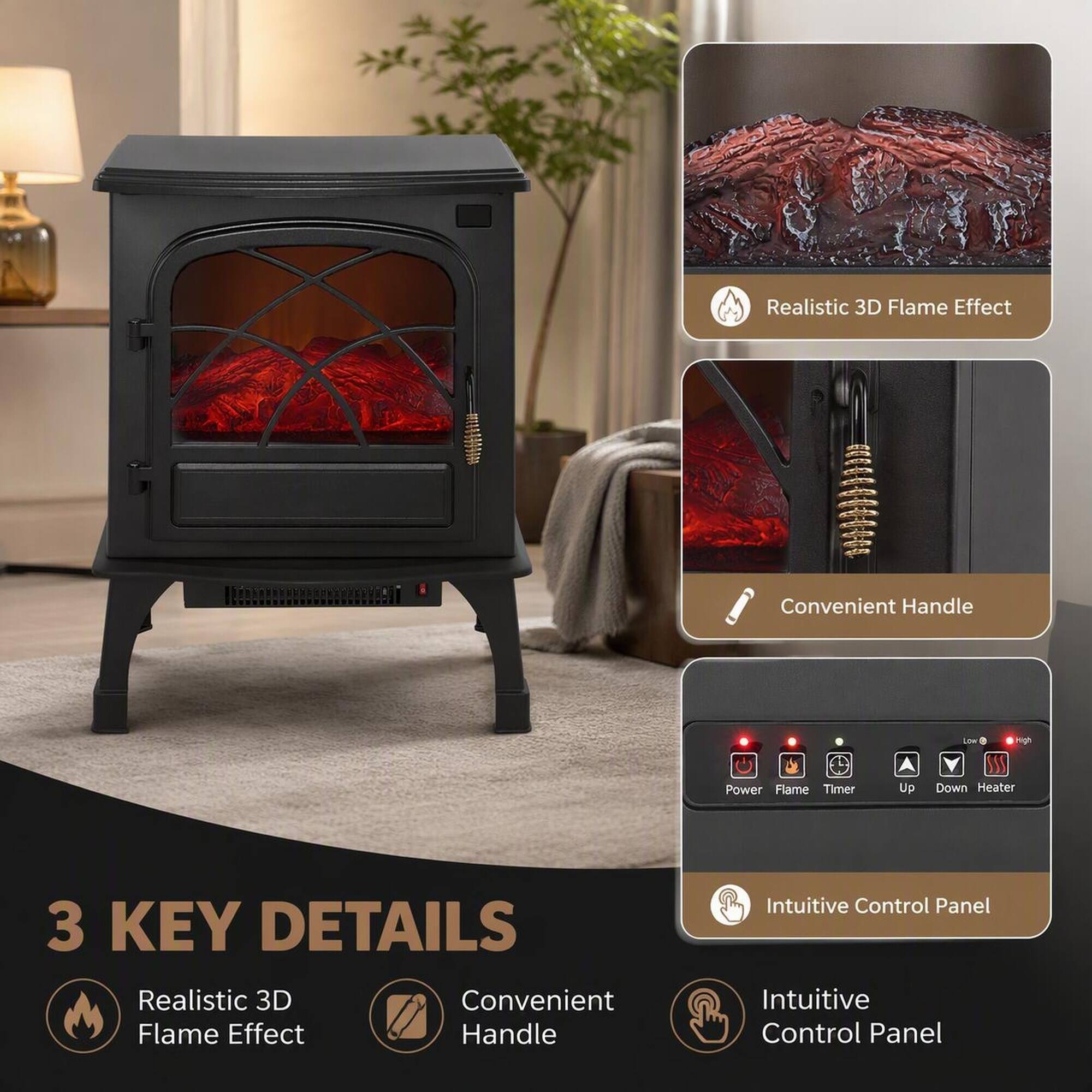 Realistic 3D Flame Effect  
Convenient Handle  
Low Power Flame Timer  
Up Down Heater  

3 KEY DETAILS  
Realistic 3D Flame Effect  
Convenient Handle  
Intuitive Control Panel