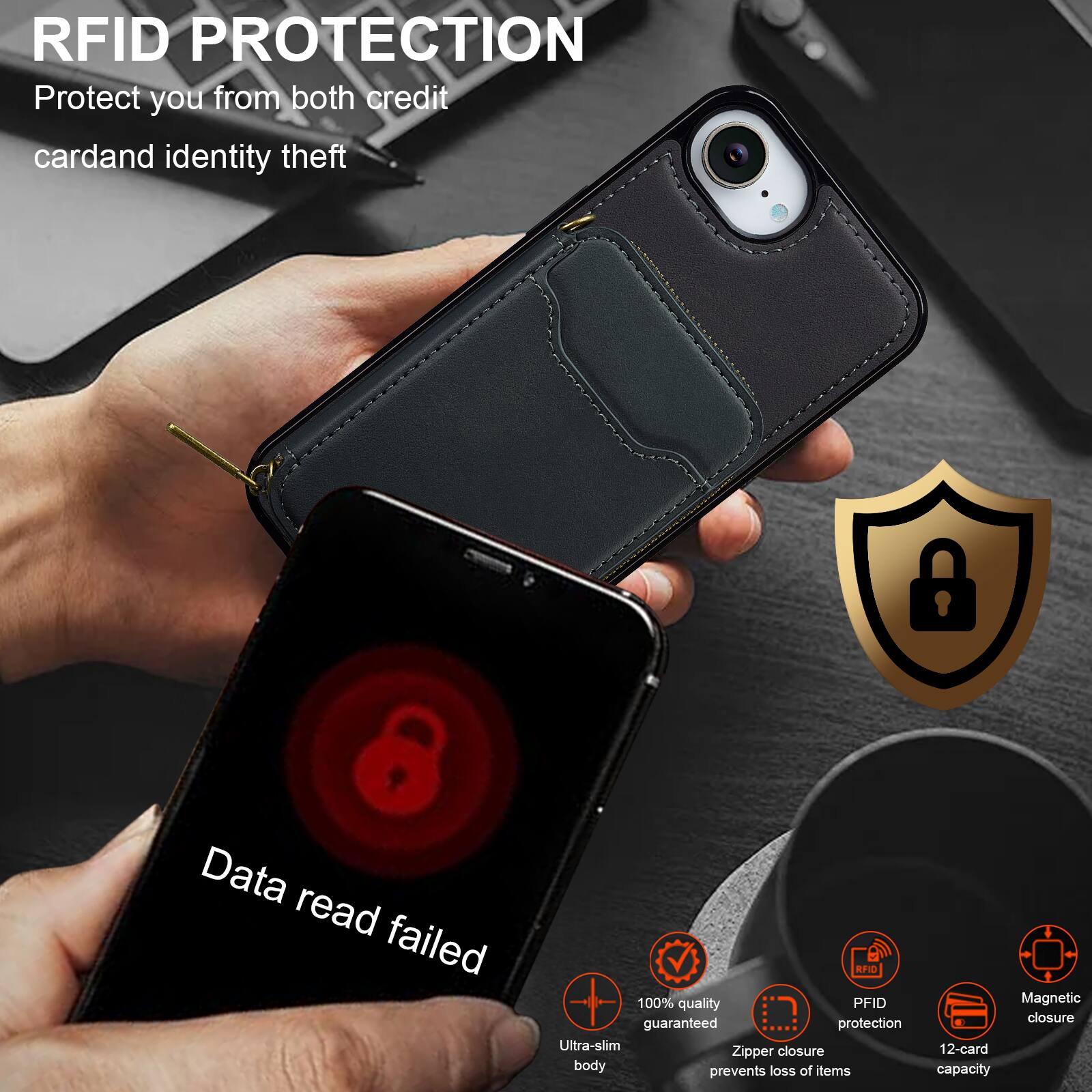 RFID PROTECTION  
Protect you from both credit card and identity theft  

Data read failed  

100% quality guaranteed protection  
Ultra-slim closure  
Zipper body prevents loss of items  
Magnetic closure  
12-card capacity