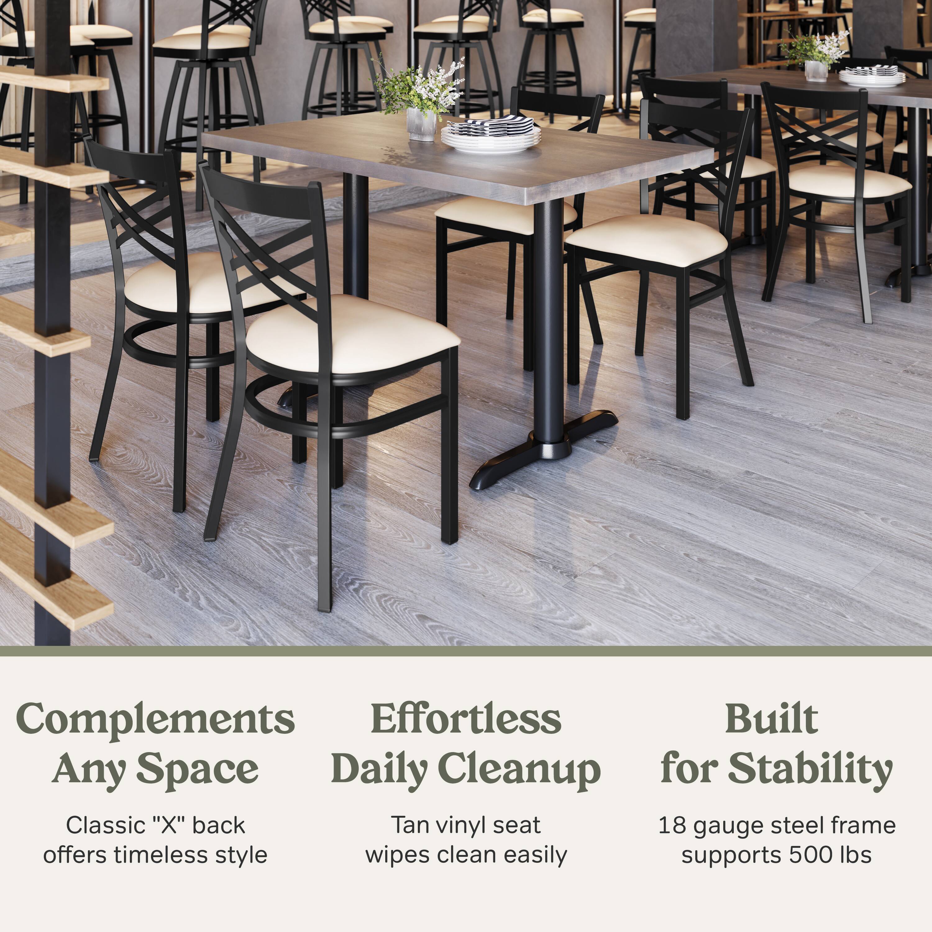 Complements Any Space  
Classic "X" back offers timeless style  

Effortless Daily Cleanup  
Tan vinyl seat wipes clean easily  

Built for Stability  
18 gauge steel frame supports 500 lbs