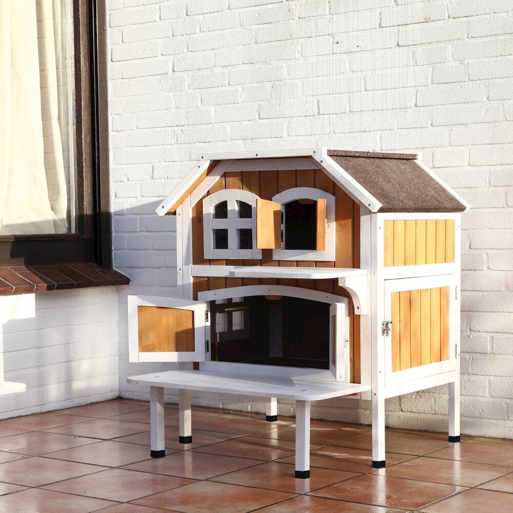 Angle. TRIXIE - 2-Story Weatherproof Elevated Outdoor Cat Retreat with Balcony, Brown - Brown/White.