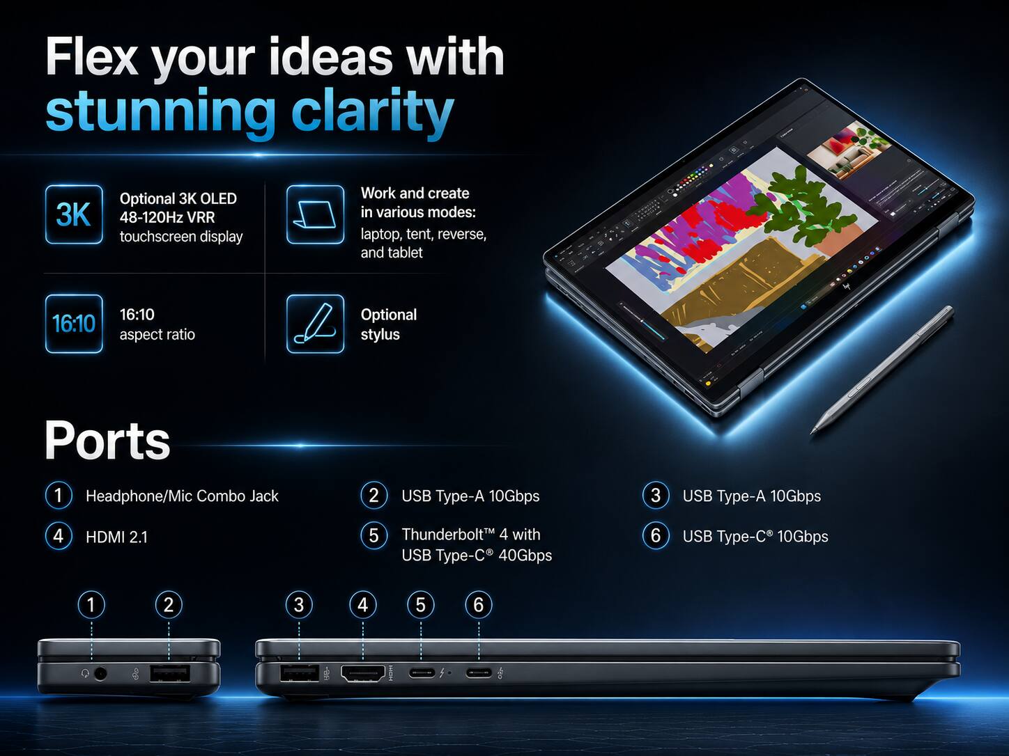 Flex your ideas with stunning clarity

Optional 3K OLED 48-120Hz VRR touchscreen display

16:10 aspect ratio

Optional stylus

Ports
1. Headphone/Mic Combo Jack
2. USB Type-A 10Gbps
3. USB Type-A 10Gbps
4. HDMI 2.1
5. Thunderbolt 4 with USB Type-C 40Gbps
6. USB Type-C 10Gbps