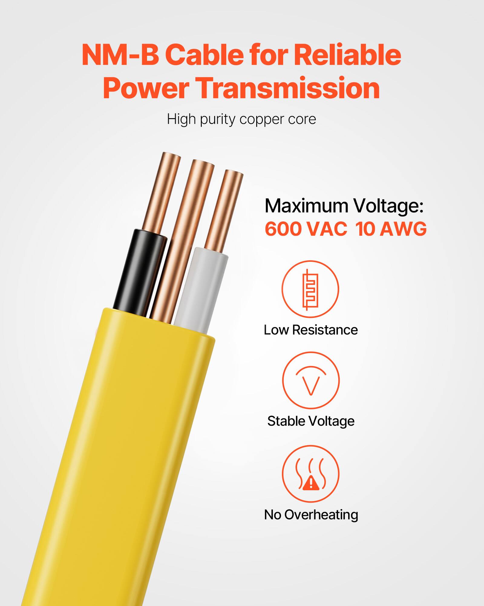 NM-B Cable for Reliable Power Transmission  
High purity copper core  
Maximum Voltage: 600 VAC 10 AWG  
Low Resistance  
Stable Voltage  
No Overheating