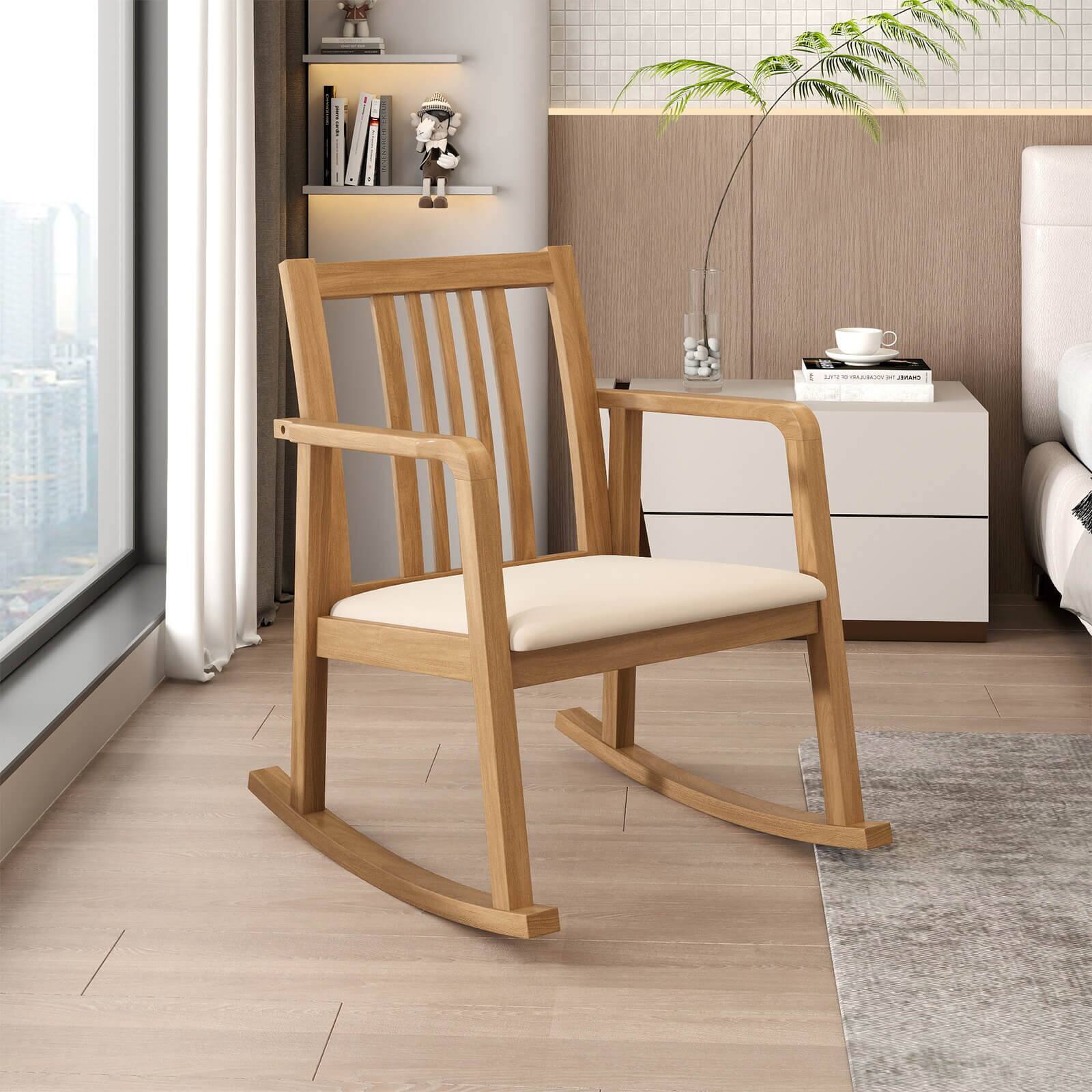 Alt View 3. Costway - Costway 1 PCS Rocking Chair with Cushioned Seat, Slatted Back & Curved Armrests for Living Room - Natural + Beige.