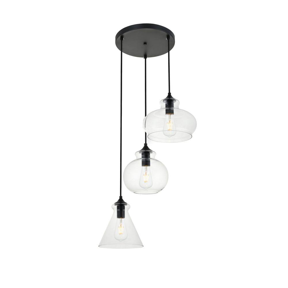 Alt View 2. Living District - Destry 3 Lights Black Pendant With Clear Glass - Black And Clear.