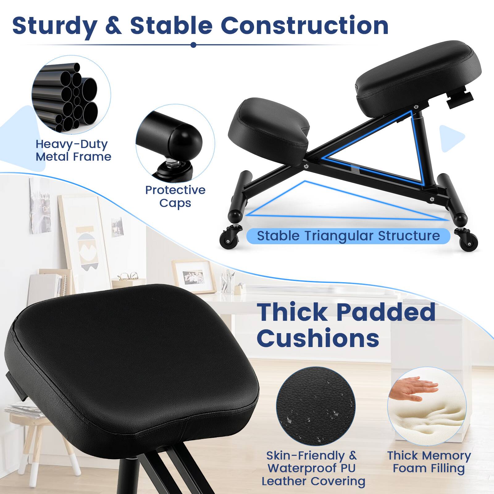 Sturdy & Stable Construction: Heavy-Duty Metal Frame, Protective Caps, Stable Triangular Structure, Thick Padded Cushions, Skin-Friendly & Thick Memory, Waterproof PU Foam Filling, Leather Covering.