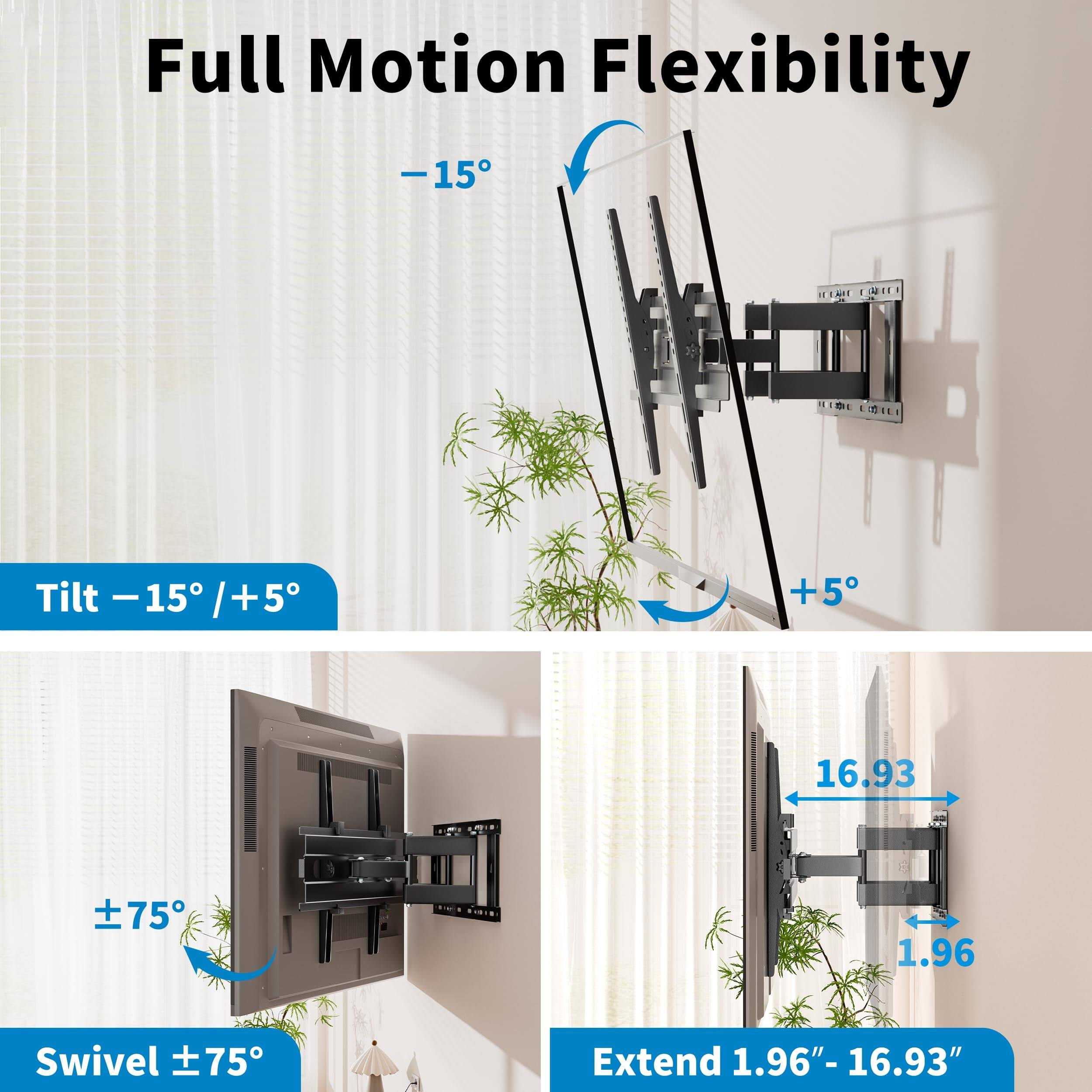 Full Motion Flexibility

- Tilt -15° / +5°
- Swivel ±75°
- Extend 1.96" - 16.93"