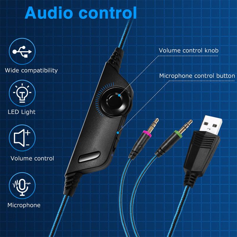 Audio control

- Wide compatibility
- LED Light
- Volume control
- Microphone

- Volume control knob
- Microphone control button