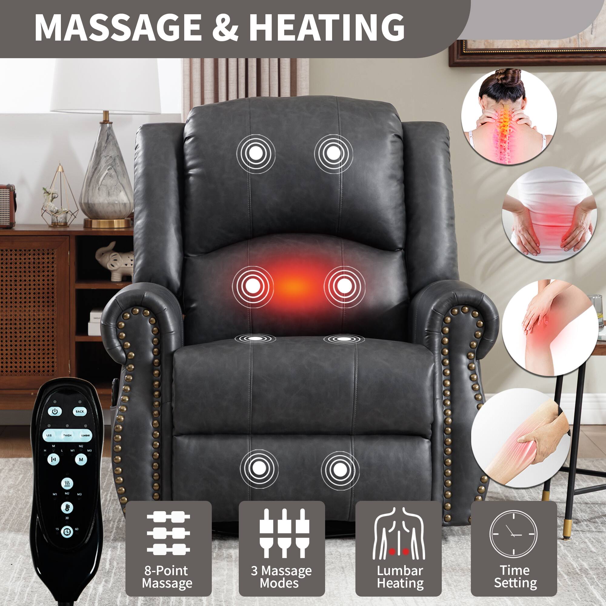 MASSAGE & HEATING

- 8-Point Massage
- 3 Massage Modes
- Lumbar Heating
- Time Setting
