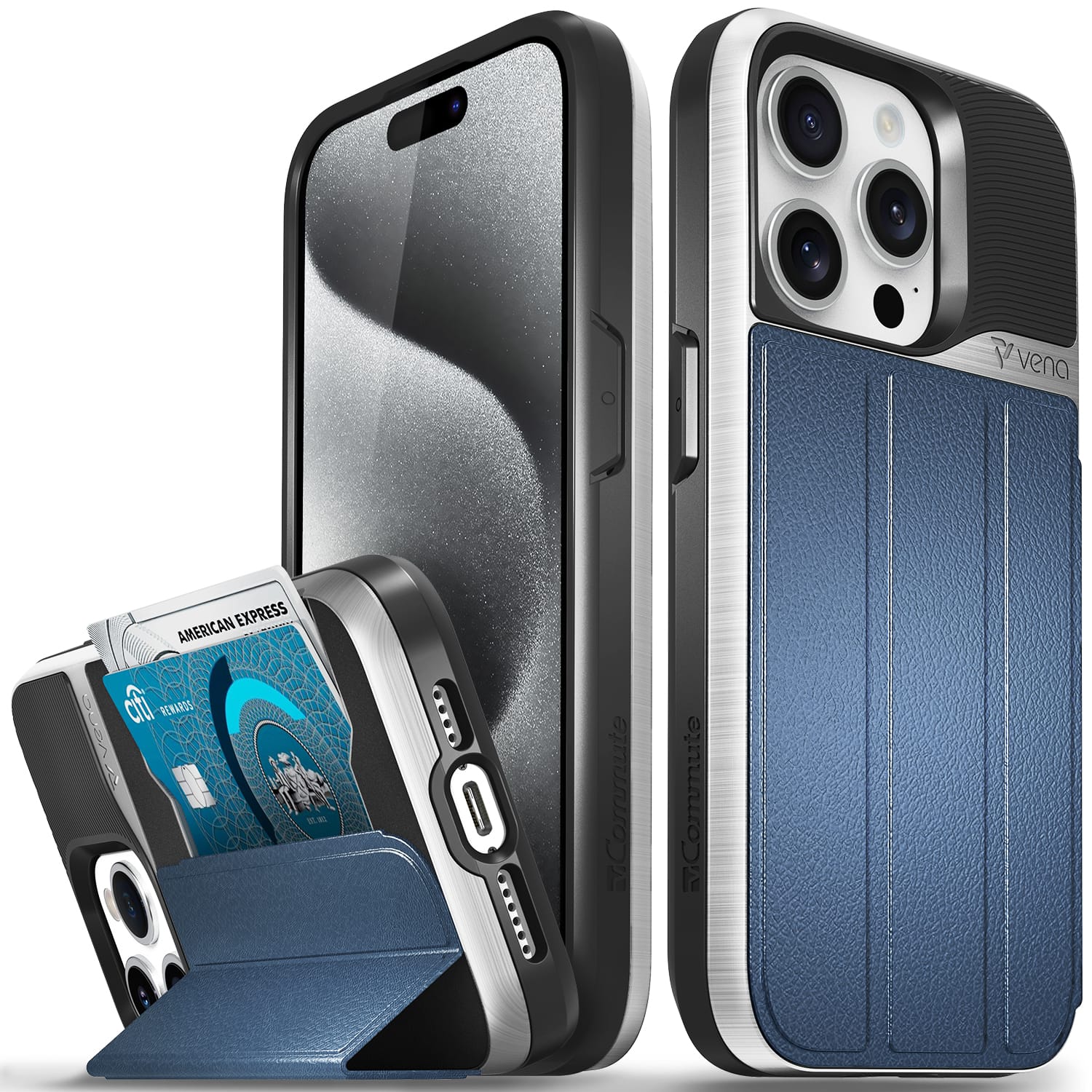 Vena - vCommute Wallet Case for Apple iPhone 15 Pro - Flip Leather Cover Card Slot Holder with Kickstand - Blue - Multicolored