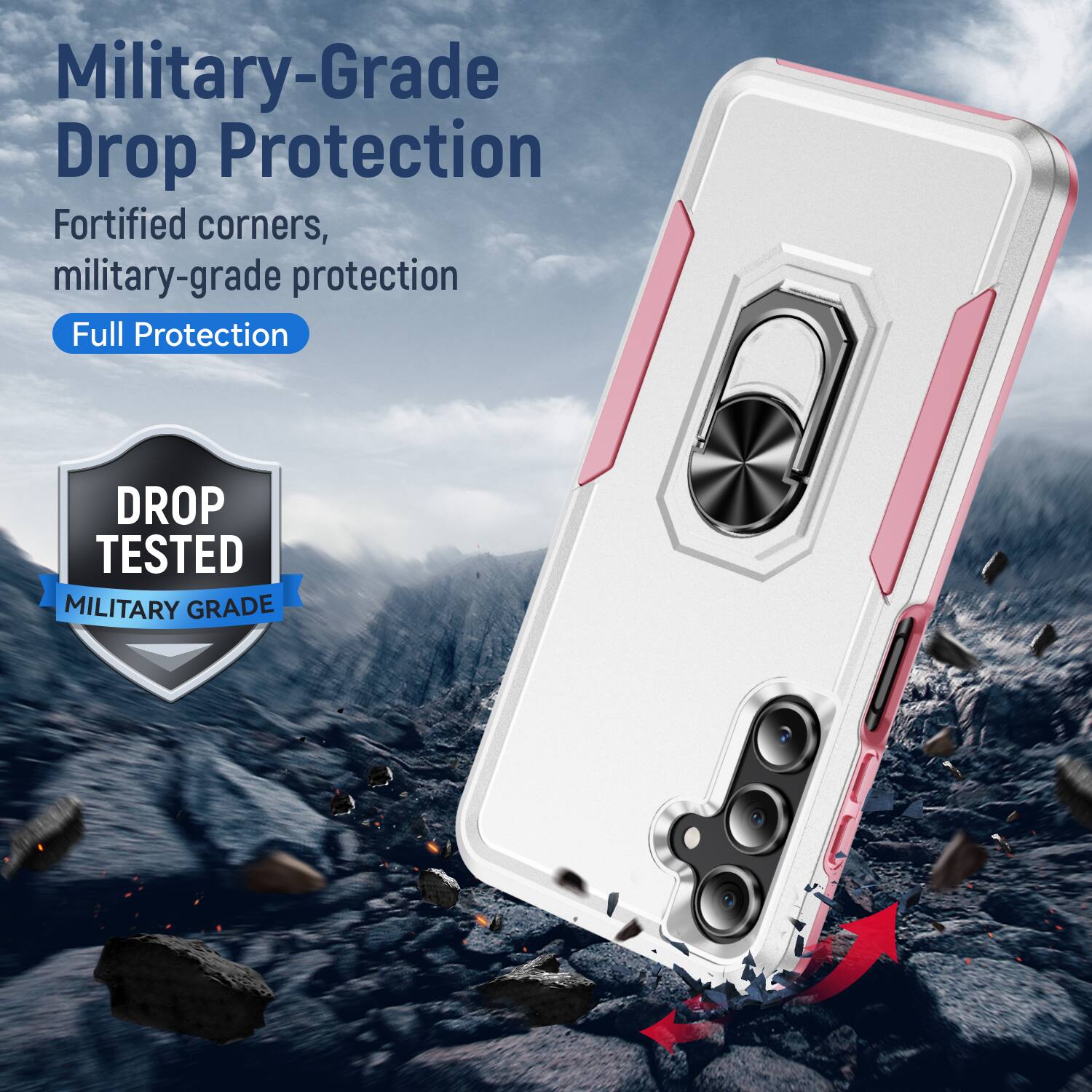 Military-Grade Drop Protection  
Fortified corners, military-grade protection  
Full Protection  

DROP TESTED  
MILITARY GRADE