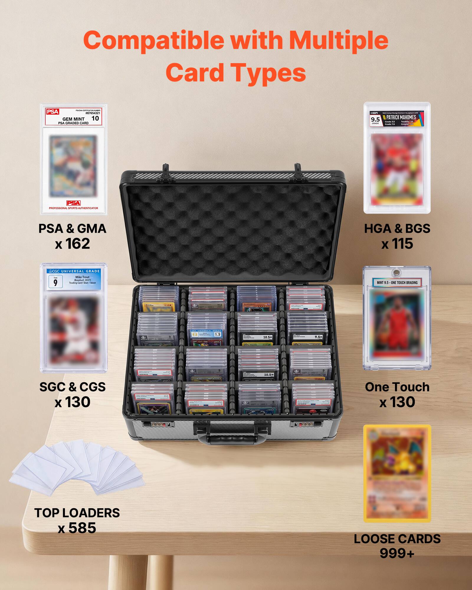 Compatible with Multiple Card Types

- PSA & GMA x 162
- HGA & BGS x 115
- SGC & CGS x 130
- One Touch x 130
- TOP LOADERS x 585
- LOOSE CARDS 999+