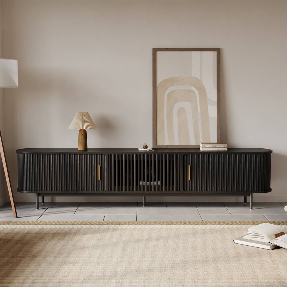 Angle. POVISON - 94"Mid-Century Modern Tambour Door TV Stand - Black.