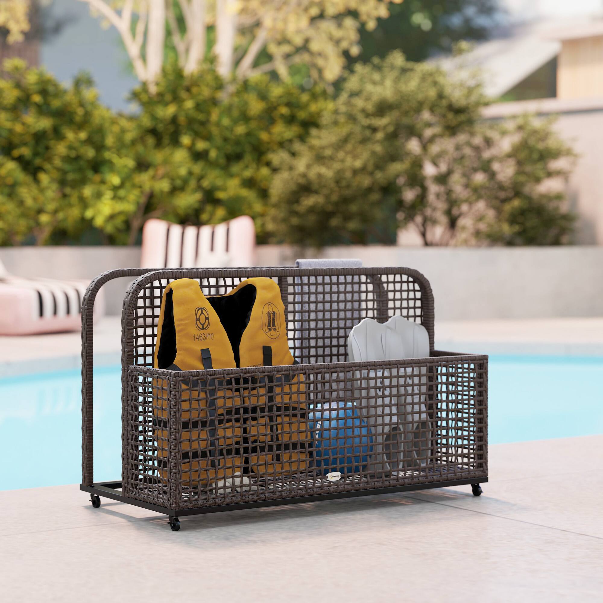 Alt View 5. Outsunny - Outsunny Patio Wicker Pool Float Storage with Wheels, Outdoor Rolling PE Rattan Pool Caddy - Dark Gray.