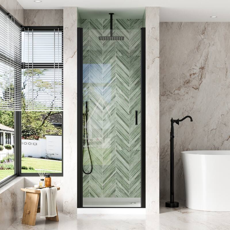 Front. WELLFOR - 28-7/16"-30"W x 72" H Semi-Frameless Pivot Shower Door -1/4 in. Tempered Glass, Easy Clean Coating - Matte Black.