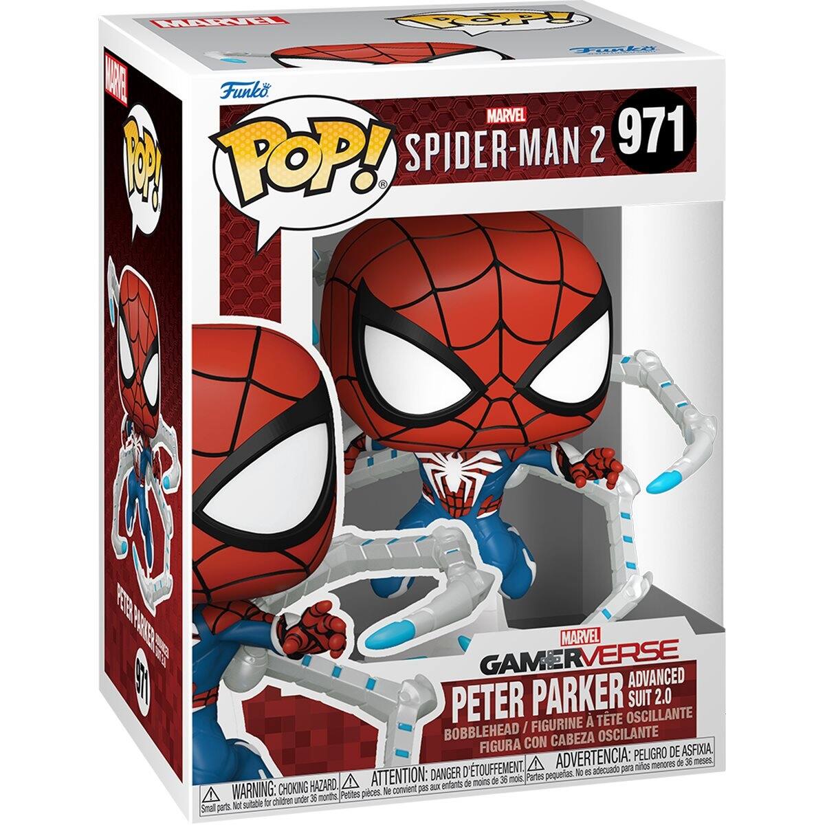 MTINITE BOPY p AE Funko MARVEL SPIDER-MAN 2 971 POP! P1 HAE 1 UE MARVEL GAMERVERSE ADVANCED PETER PARKER OSCILLANTE SUIT 2.0 FIGURINE TTE BOBBLEHEAD / OSCILANTE FIGURA CON CABEZA PELIGRO DE ASFIXIA D'TOUFFEMENT. ADVERTENCIA: pura nitos menores de 56 meses DANGER pequetas. No e adecuado HAZARD. ATTENTION: B entants de moins de 36 mois. Partes WARNING: CHOKING Petites pices. N convient pas chidren under 36 months, Not sutable o Smal parts