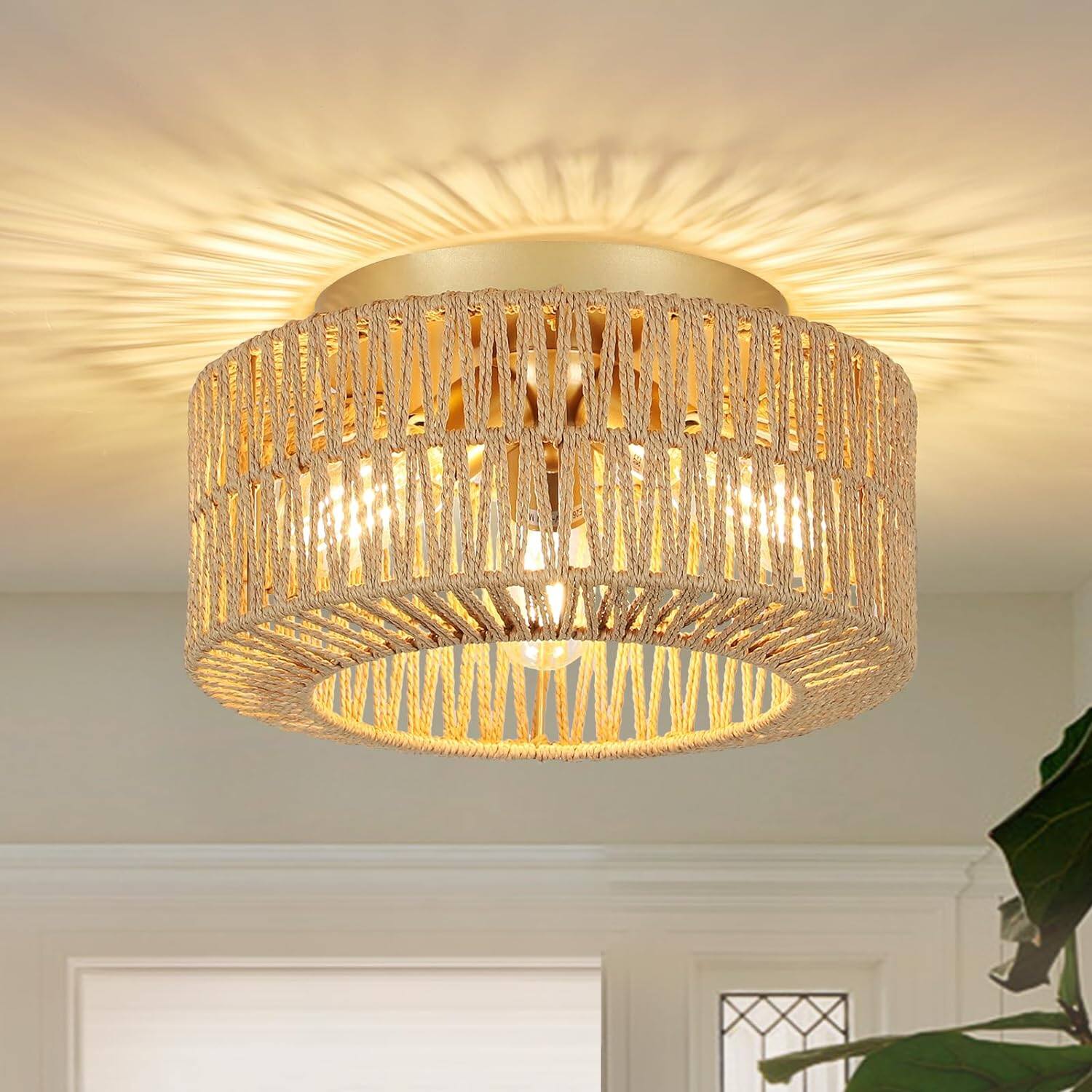 Front. Z-Edge - Boho Light Fixtures Ceiling Mount, 3-Light Rattan Ceiling Light Fixture, Flush Mount Ceiling Light with Hand-Woven Shade - Gold.