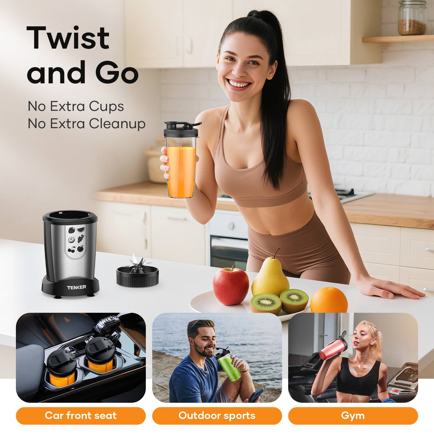 Twist and Go  
No Extra Cups  
No Extra Cleanup  

Car front seat  
Outdoor sports  
Gym