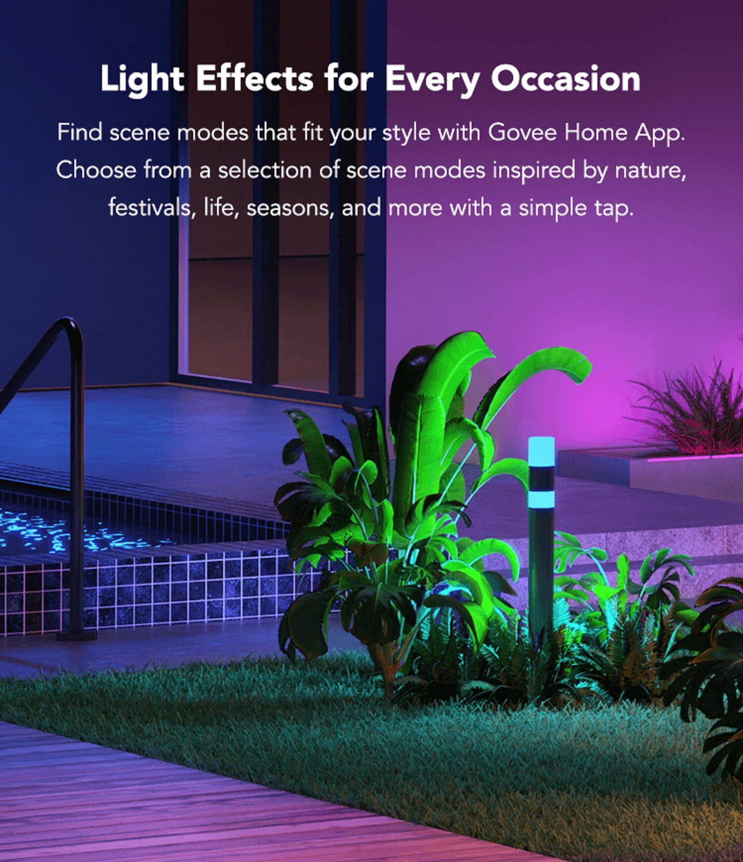 Light Effects for Every Occasion: Find scene modes that fit your style with Govee Home App. Choose from a selection of scene modes inspired by nature, festivals, life, seasons, and more with a simple tap.