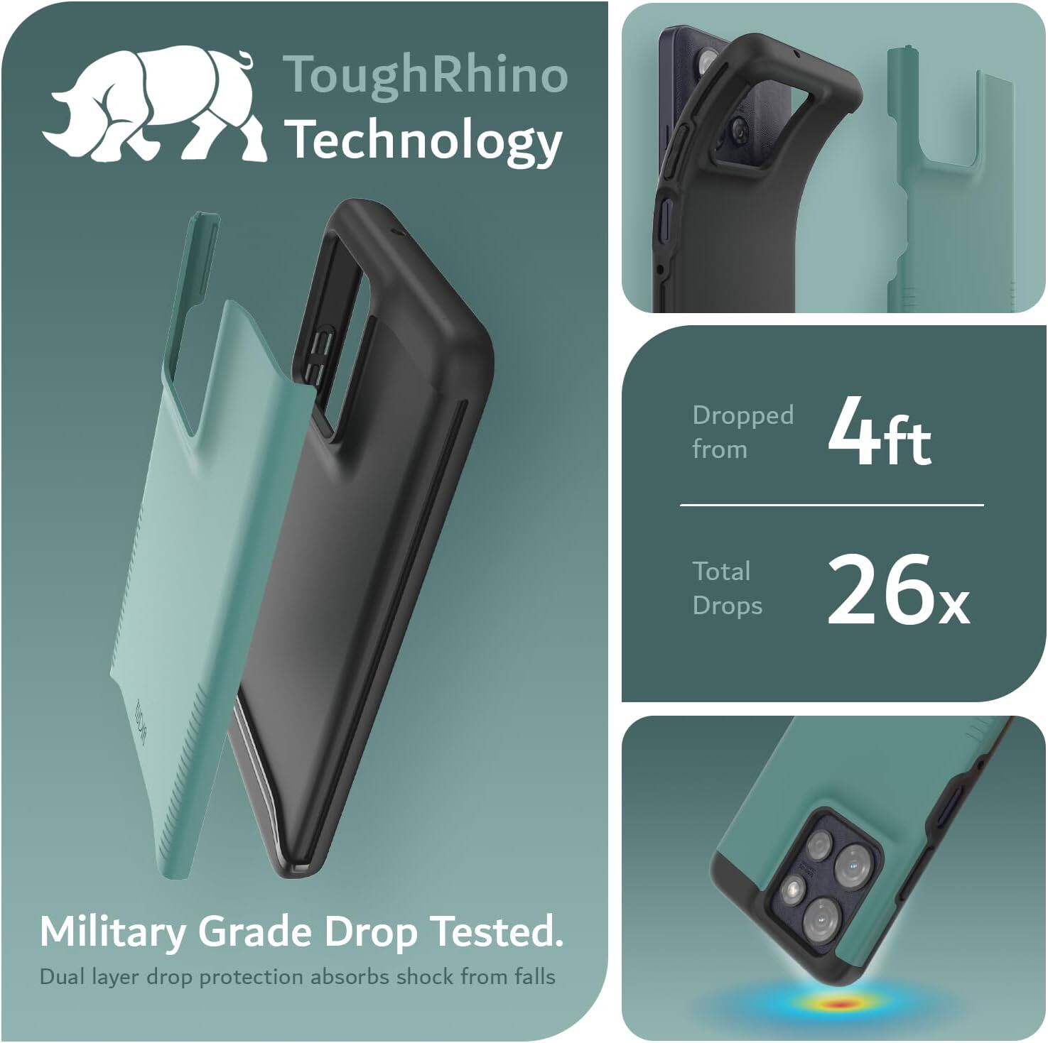 ToughRhino Technology

Dropped from 4ft  
Total Drops 26x

Military Grade Drop Tested.  
Dual layer drop protection absorbs shock from falls
