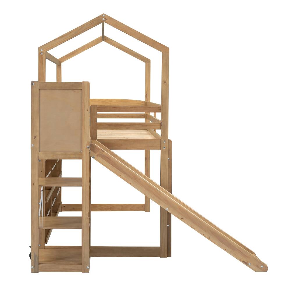 Alt View 9. Loheer - Loheer Twin Loft Bed with Slide and Storage, Wood House Bed Frame - Wood Color.