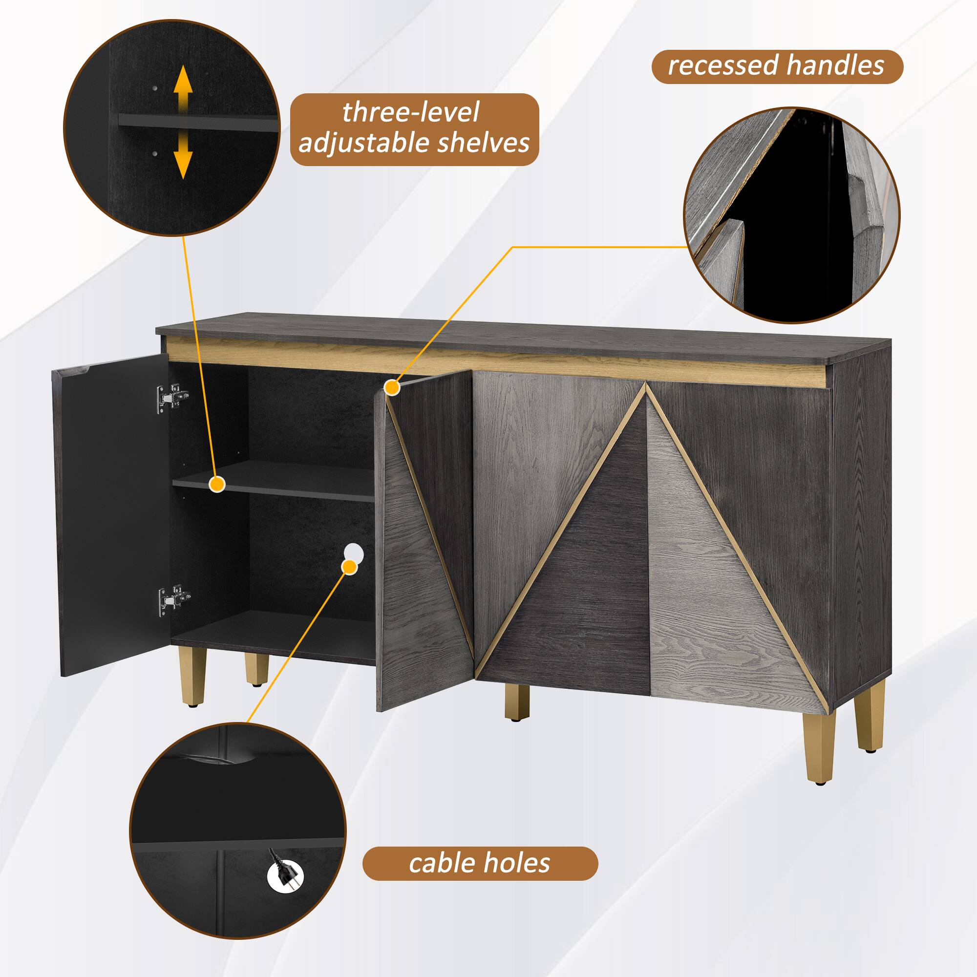 - recessed handles
- three-level adjustable shelves
- cable holes