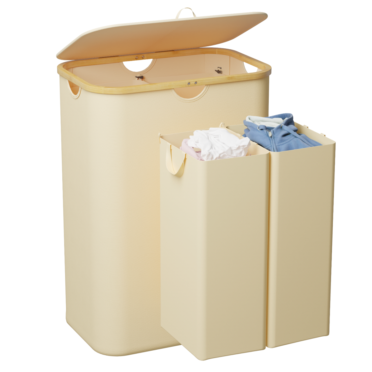 Tooloton - 160L Dual Section Collapsible Laundry Hamper with Lid, Removable Bags, Bamboo Handles - Beige