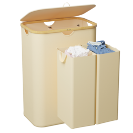 Tooloton - 160L Dual Section Collapsible Laundry Hamper with Lid, Removable Bags, Bamboo Handles - Beige
