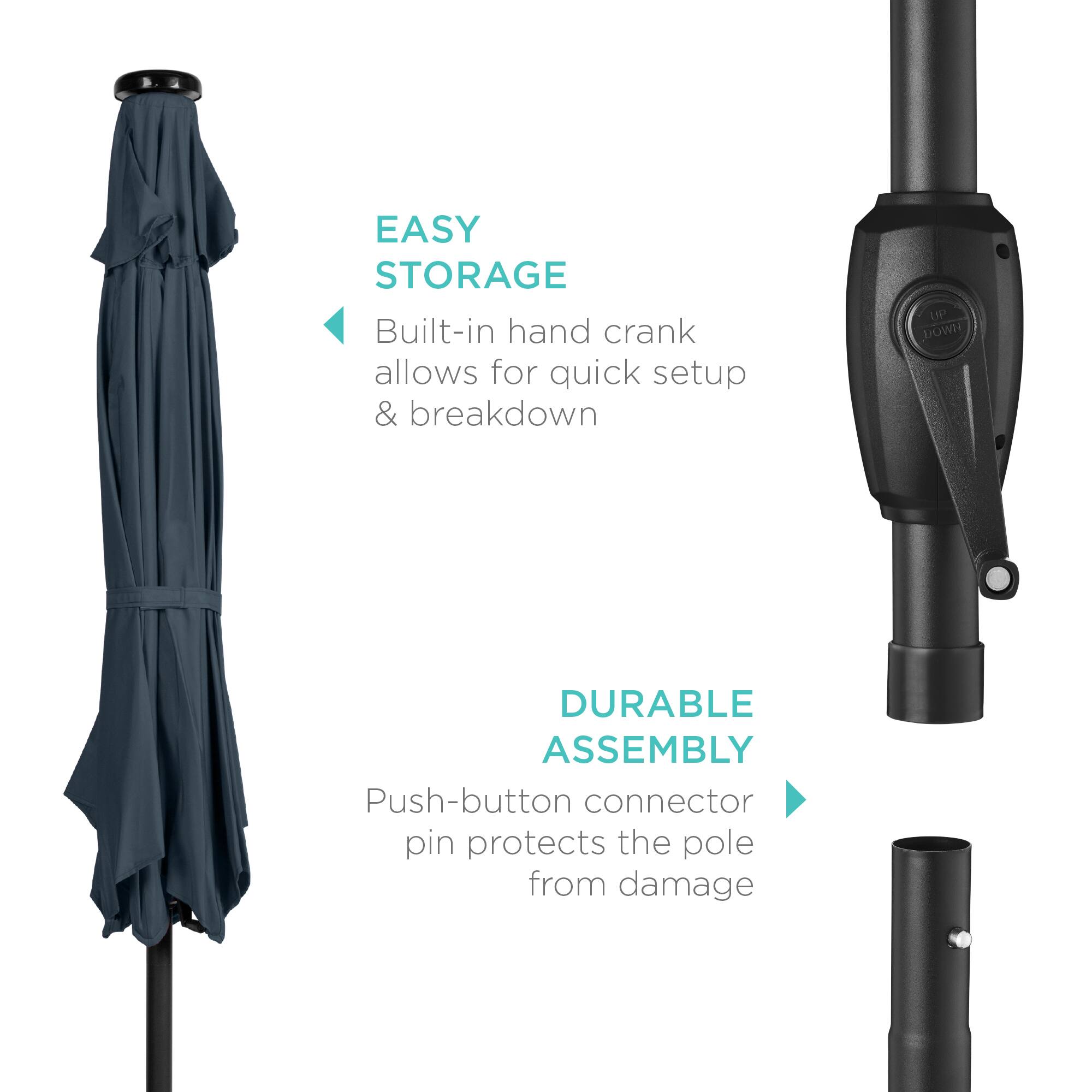 EASY STORAGE: Built-in hand crank allows for quick setup & breakdown.

DURABLE ASSEMBLY: Push-button connector pin protects the pole from damage.