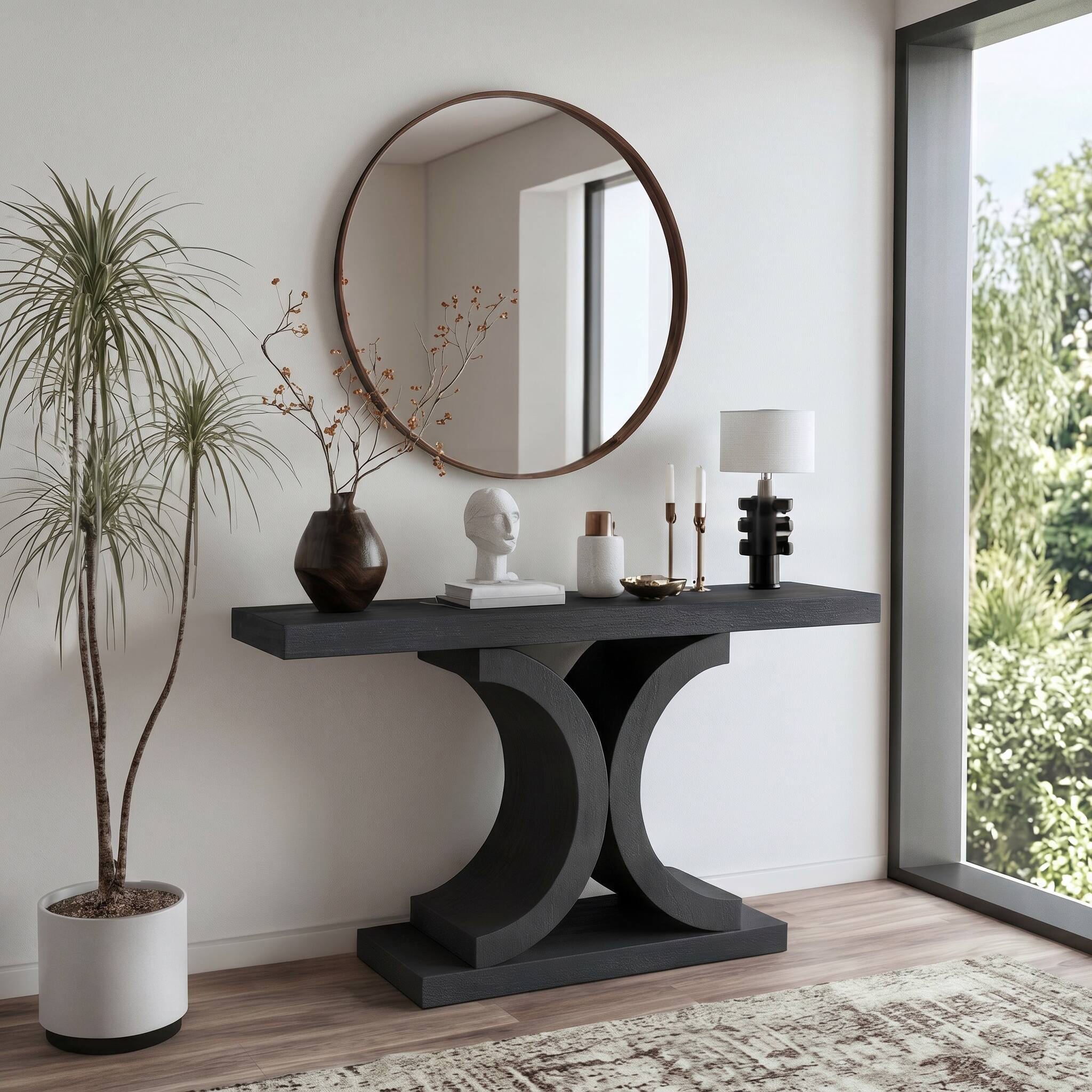 Alt View 1. Loheer - Loheer Black Console Table, 60 Inch Modern Narrow Sofa Table with Sculptural Curved Base, Black Oak Entryway Table - Black.