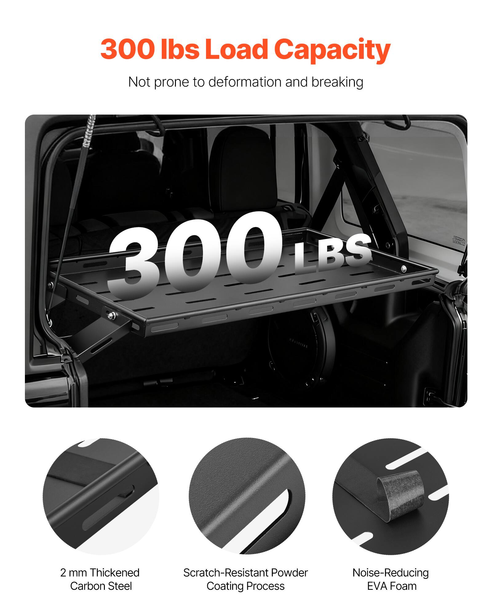 300 lbs Load Capacity  
Not prone to deformation and breaking  
300 LBS  

2 mm Thickened Carbon Steel  
Scratch-Resistant Powder Coating Process  
Noise-Reducing EVA Foam