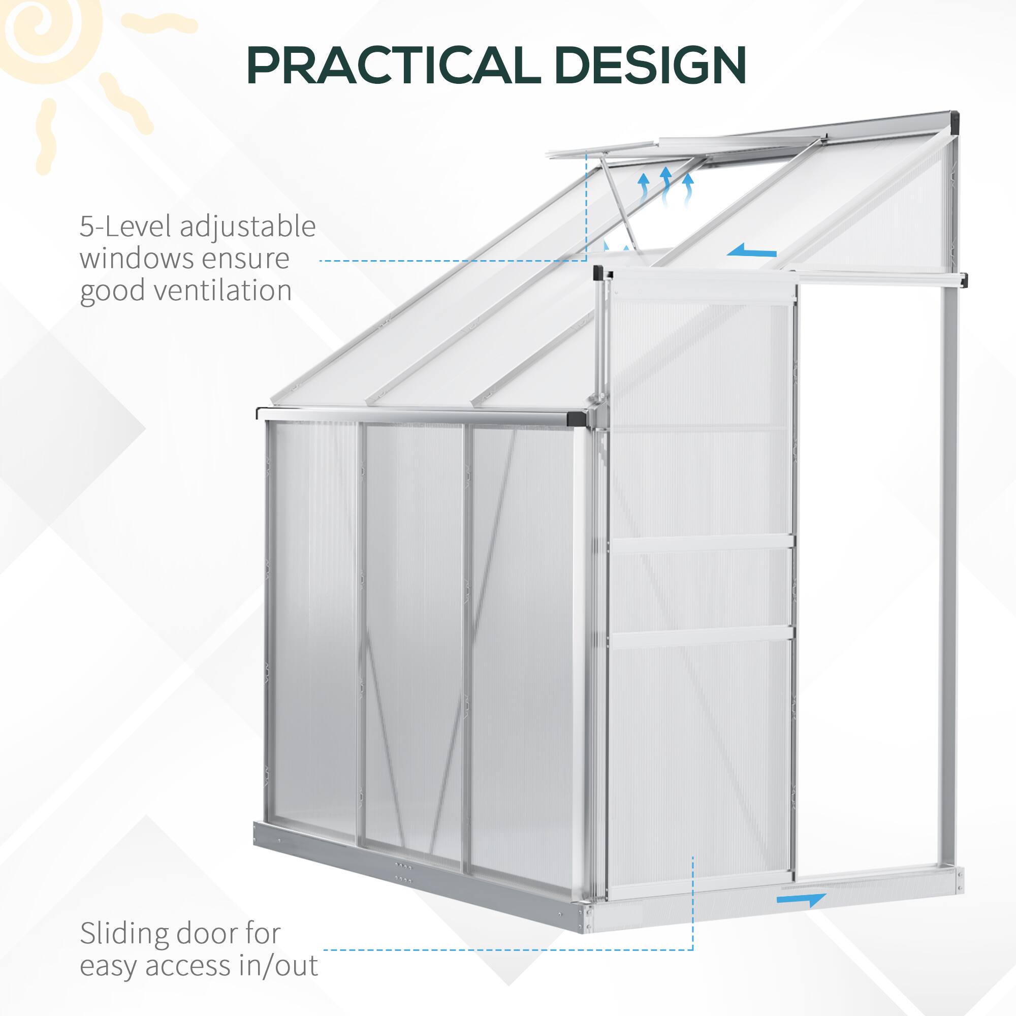 PRACTICAL DESIGN

5-Level adjustable windows ensure good ventilation
Sliding door for easy access in/out
