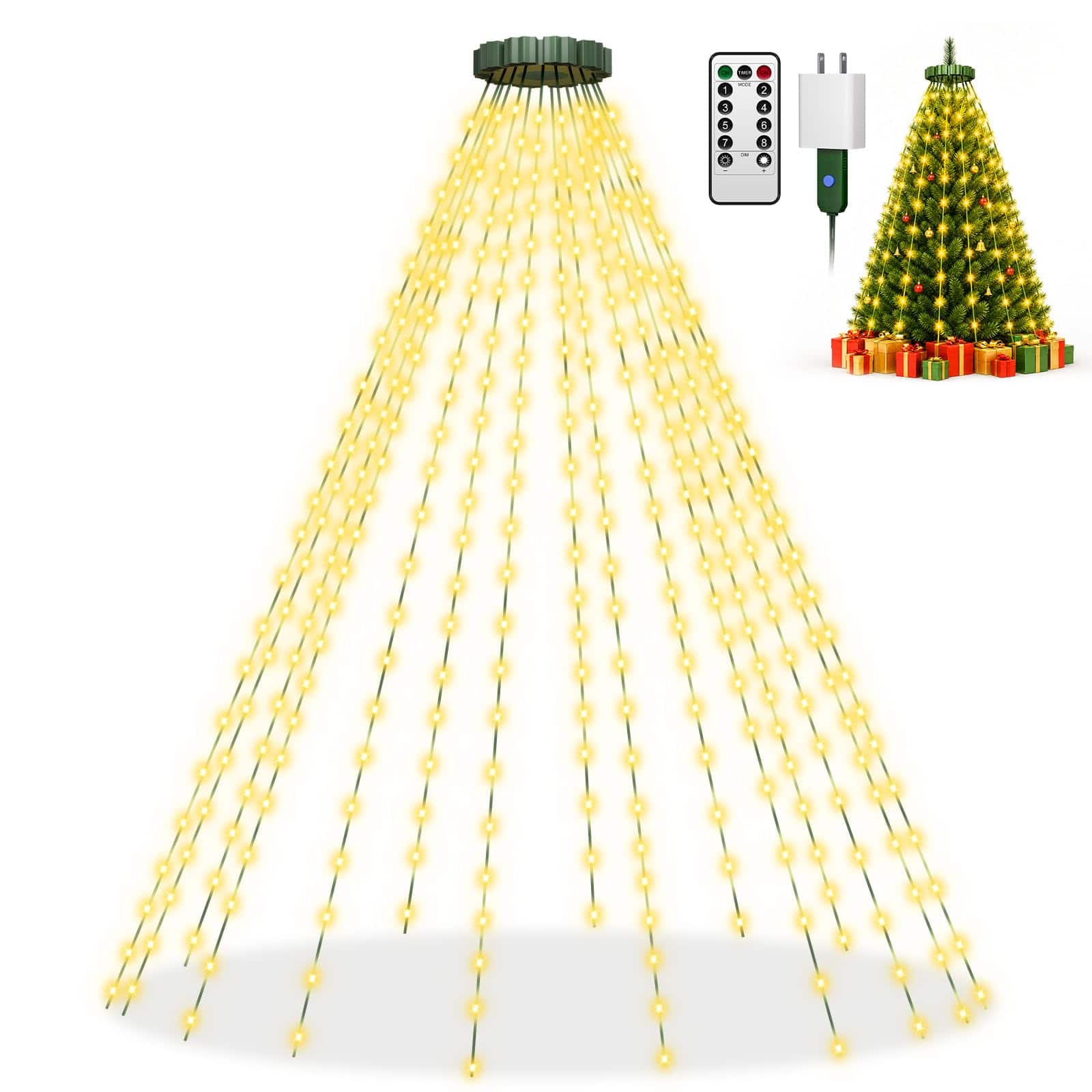 Veranti - 400-LED Cascading Christmas Tree String Lights with Remote, 16 Drops, USB Power Adapter Included - Warm White