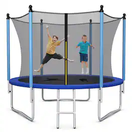 Gymax - 10FT Jumping Exercise Recreational Bounce Trampoline for Kids W/Safety Enclosure - Blue, Grey