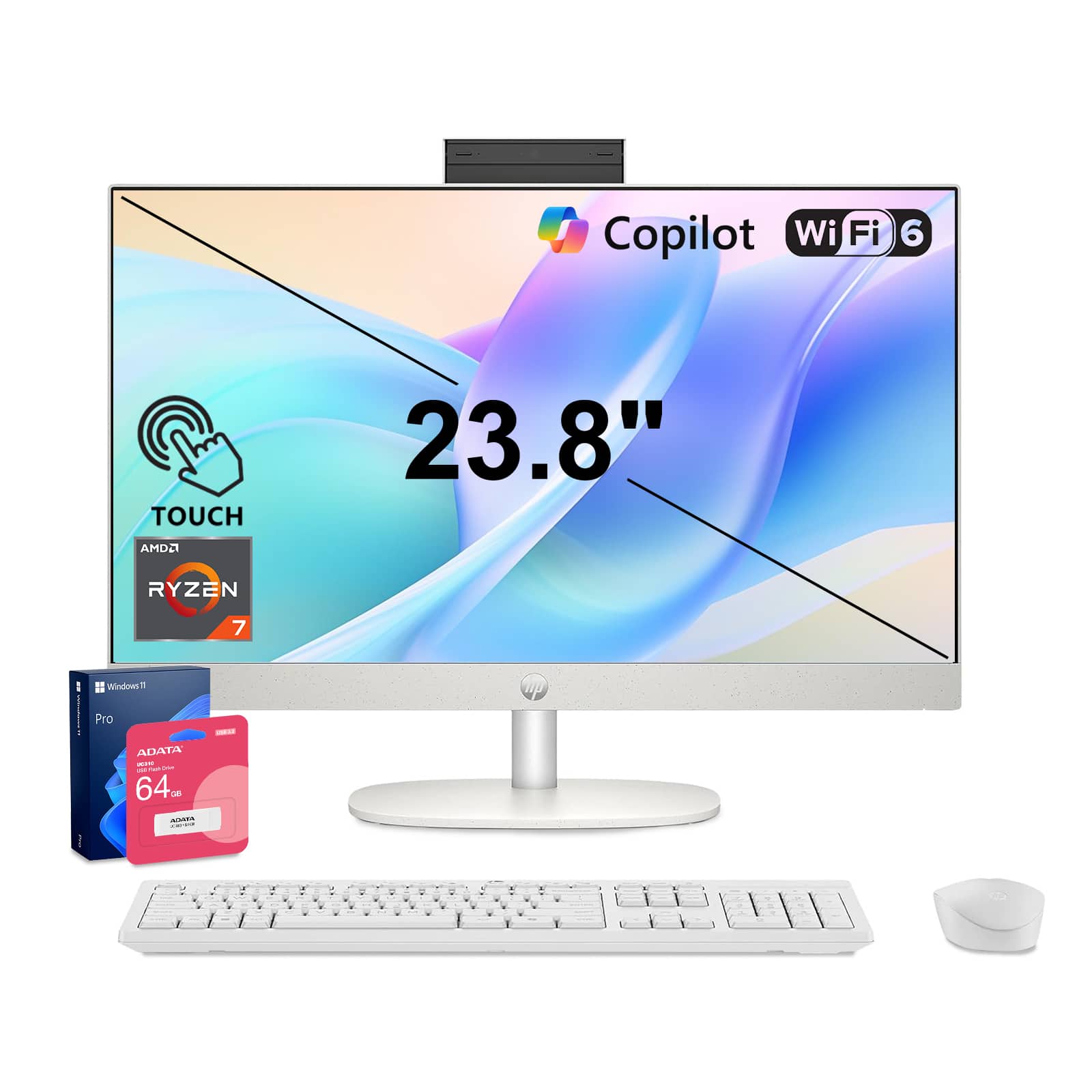 "HP - Upgraded - 23.8"" FHD Touch All-in-One - AMD Ryzen 7 7730U - 16GB RAM 1TB SSD - Wireless K&M - Copilot - Adata 64GB USB Drive - White" price history on PriceWatchPro