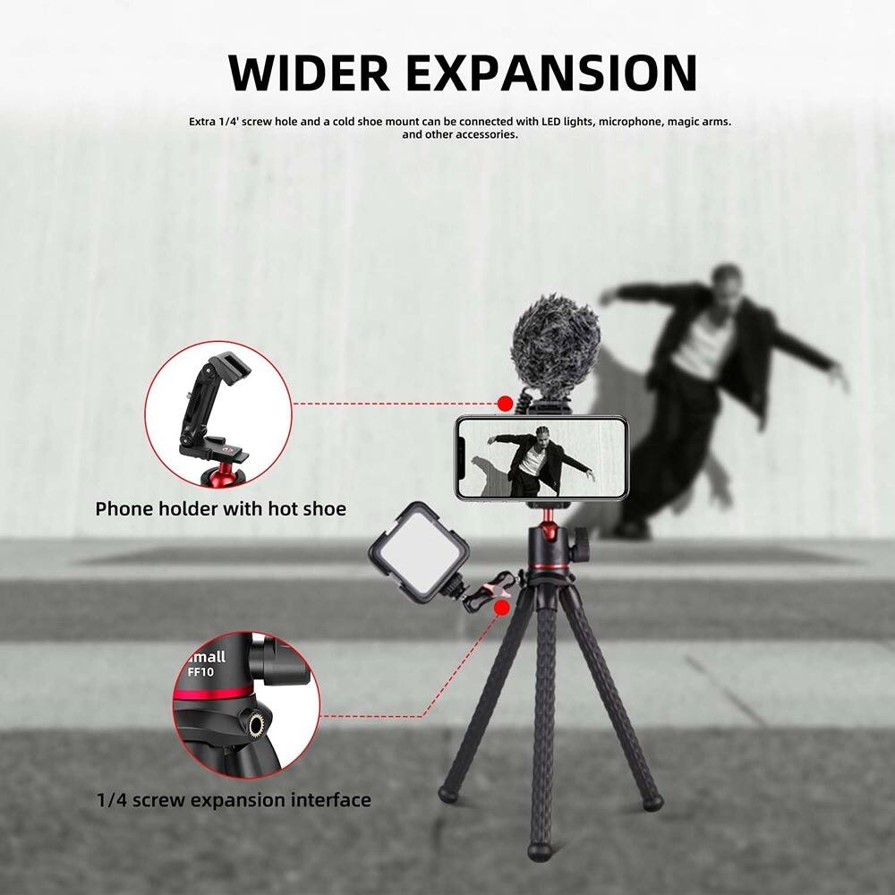 WIDER EXPANSION

Extra 1/4" screw hole and a cold shoe mount can be connected with LED lights, microphone, magic arms, and other accessories.

Phone holder with hot shoe

1/4 screw expansion interface
