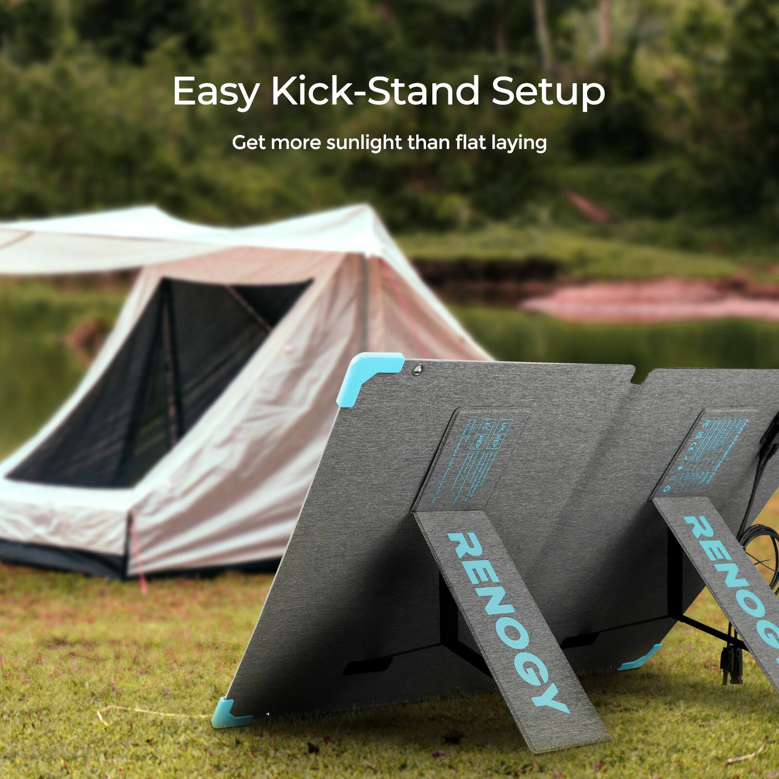 Easy Kick-Stand Setup Get more sunlight than flat laying | RENOGY 3 SAC RENOGY