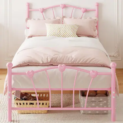 Front. Qeetex - Twin Metal Bed - Iron Art Heart Headboard,Underbed Storage,Footboard,600 lbs Capacity,Easy Assembly,No Box Spring, Pink - Pink Twin.
