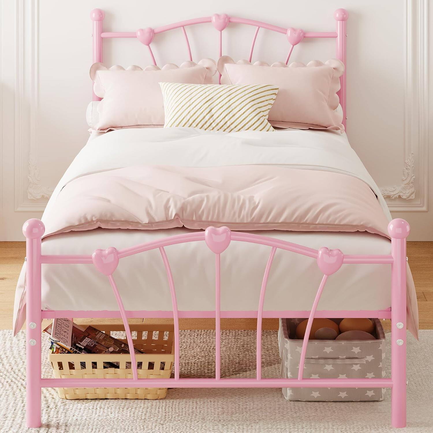 Front. Qeetex - Twin Metal Bed - Iron Art Heart Headboard,Underbed Storage,Footboard,600 lbs Capacity,Easy Assembly,No Box Spring, Pink - Pink Twin.