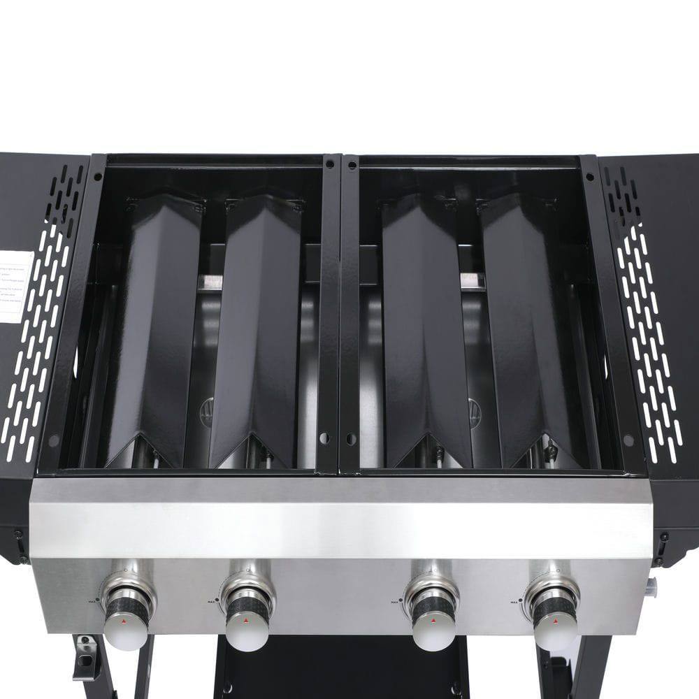 Left. Resenkos - 4 Burner BBQ Propane Gas Grill, Stainless Steel Patio Garden Barbecue Grill with Two Foldable Shelves, Black.