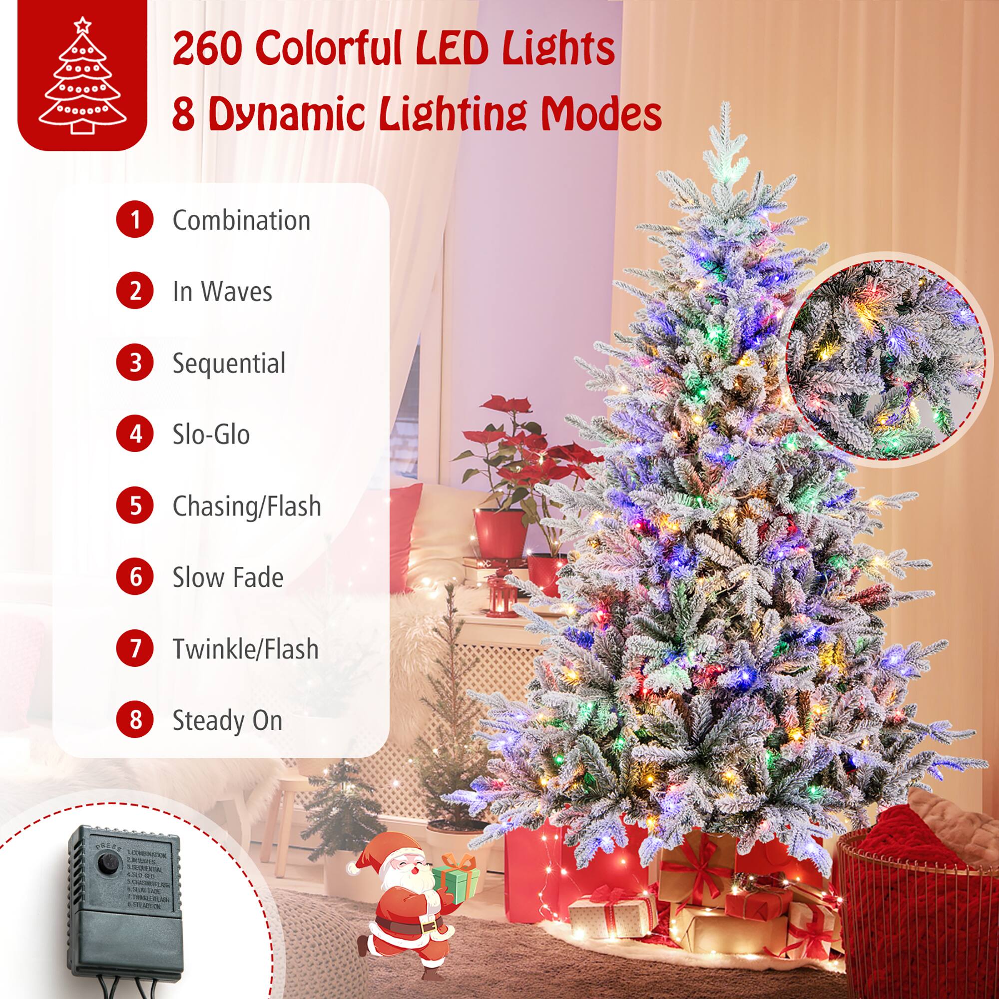 260 Colorful LED Lights  
8 Dynamic Lighting Modes  

1. Combination  
2. In Waves  
3. Sequential  
4. Slo-Glo  
5. Chasing/Flash  
6. Slow Fade  
7. Twinkle/Flash  
8. Steady On  

LNRSVS . sns . T L9 d 1TE . - - Lia .