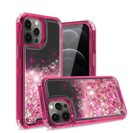 Front. Reiko - Glitter Case Moving Quicksand In Blackapple Iphone 12/Iphone 12 Pro In Hot Pink - Hot Pink.