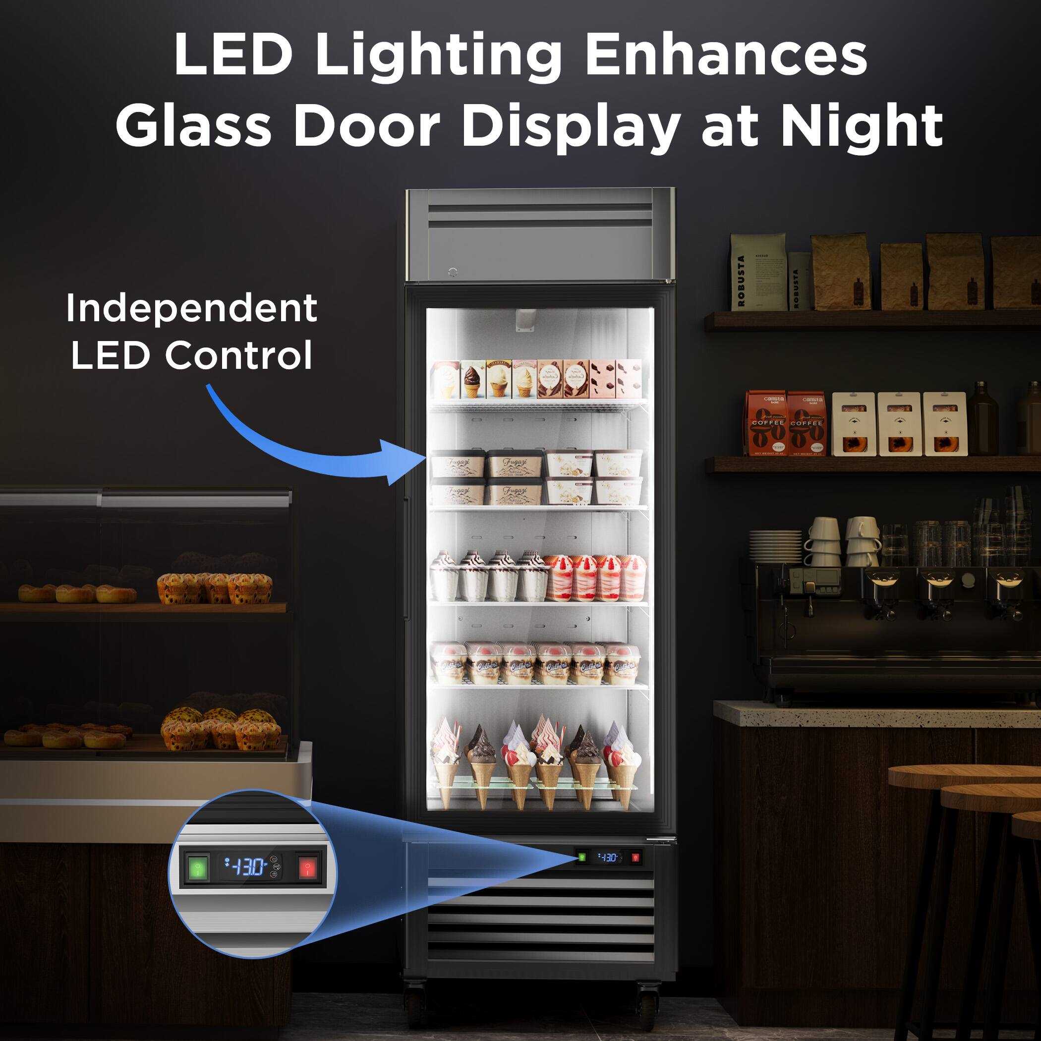LED Lighting Enhances Glass Door Display at Night  
Independent LED Control