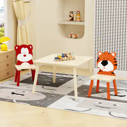 Front. GOODSILO - Kids Table and 2 Chairs Set - 3 Piece Toddler Activity Play Table Set (Bear & Tiger) - Natural.