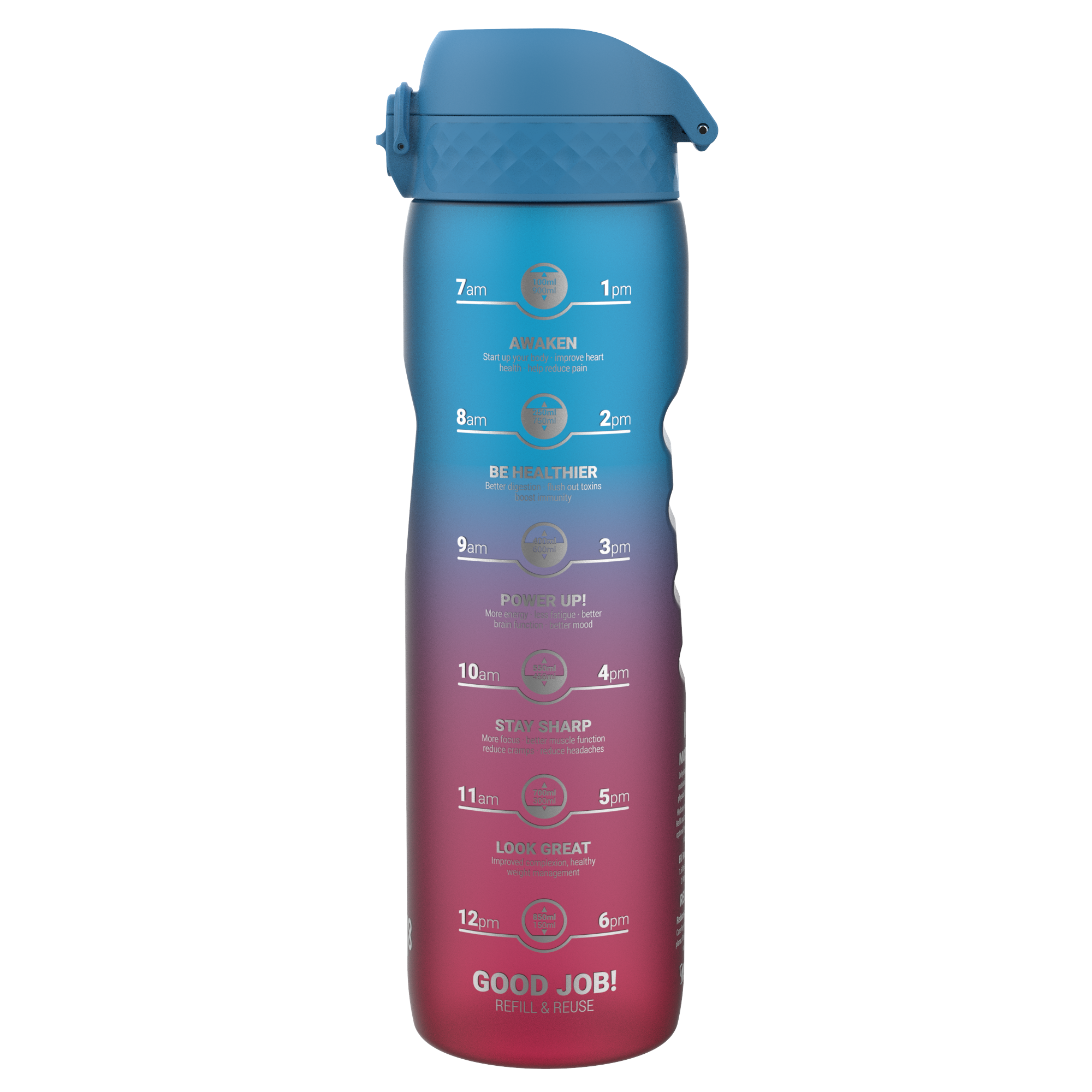 7am - 1pm AWAKEN  
Start your day with a healthy boost

8am - 2pm BE HEALTHIER  
Better digestion, boost immunity

9am - 3pm POWER UP!  
More energy, better mood

10am - 4pm STAY SHARP  
More focus, better muscle function

11am - 5pm LOOK GREAT  
Improve skin, healthy weight management

12pm - 6pm GOOD JOB!  
REFILL & REUSE