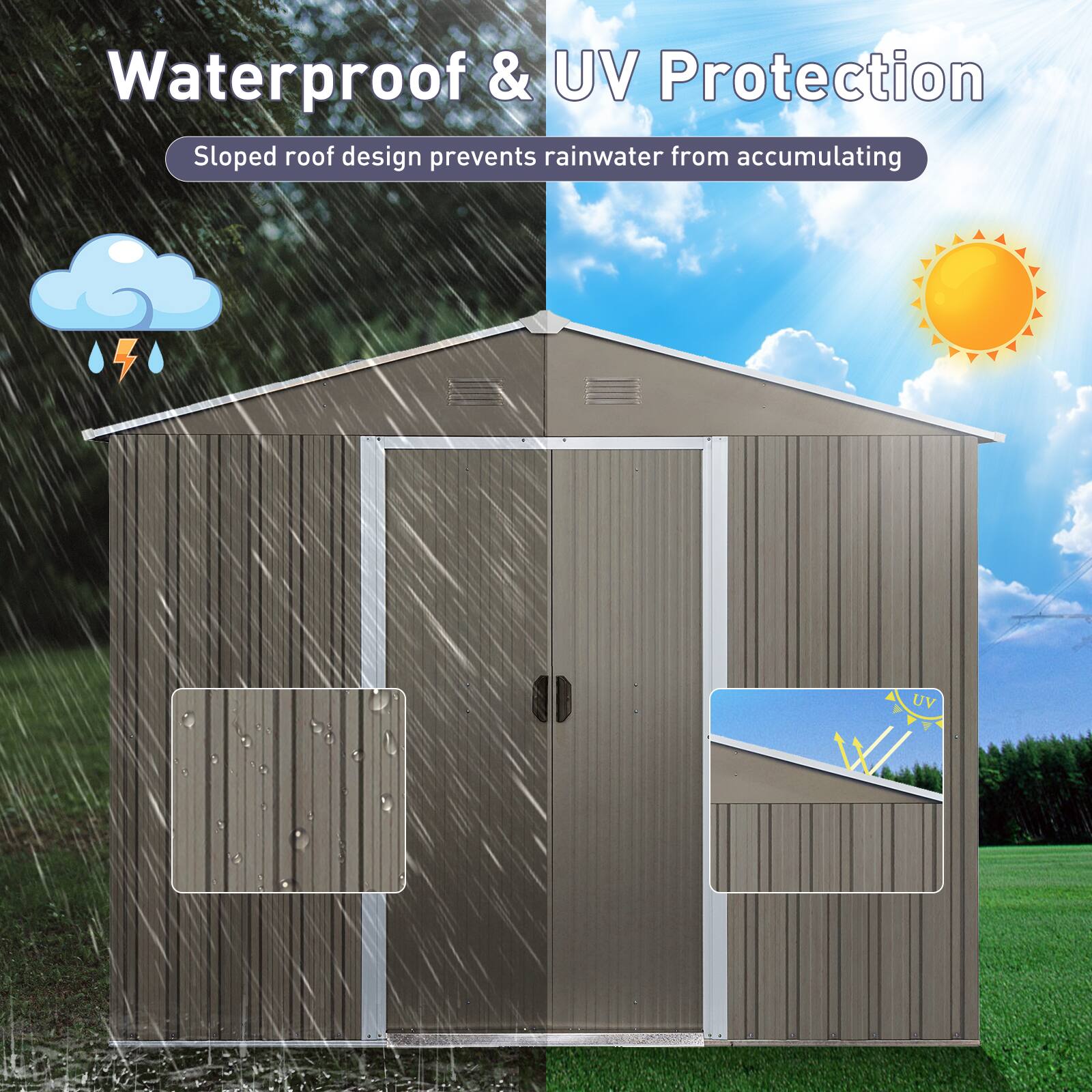 Waterproof & UV Protection

Sloped roof design prevents rainwater from accumulating