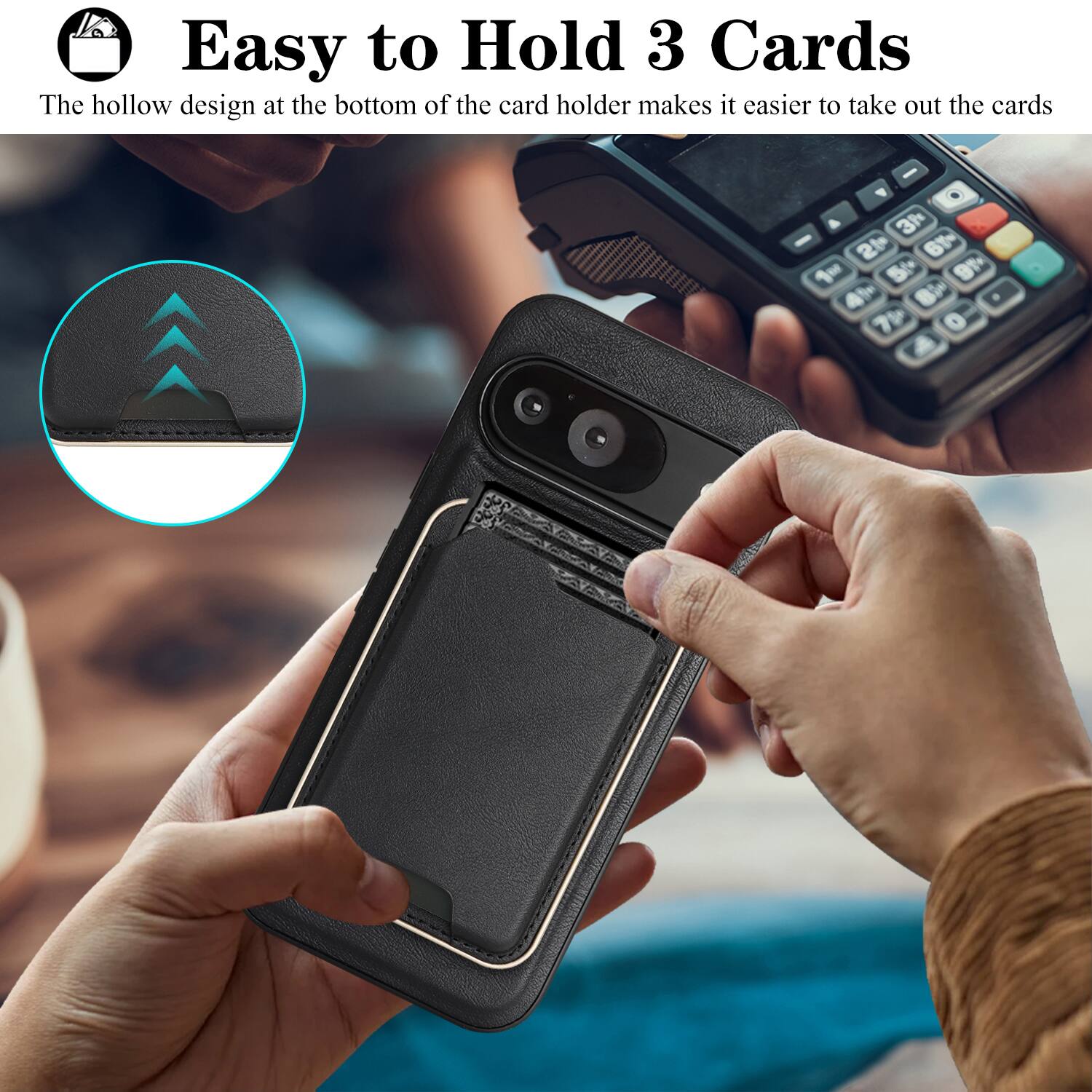 Easy to Hold 3 Cards

The hollow design at the bottom of the card holder makes it easier to take out the cards